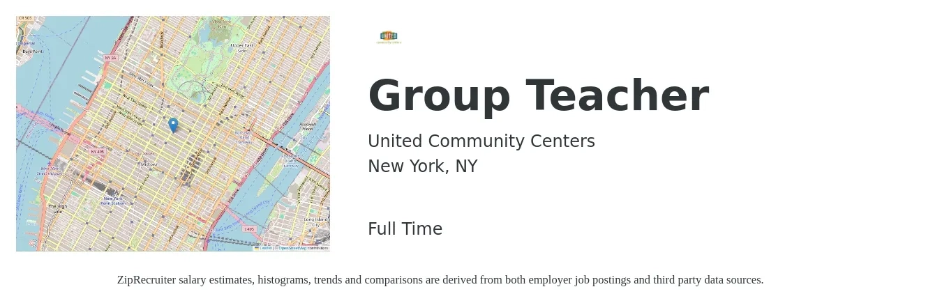 United Community Centers job posting for a Group Teacher in New York, NY with a salary of $19 to $23 Hourly with a map of New York location.