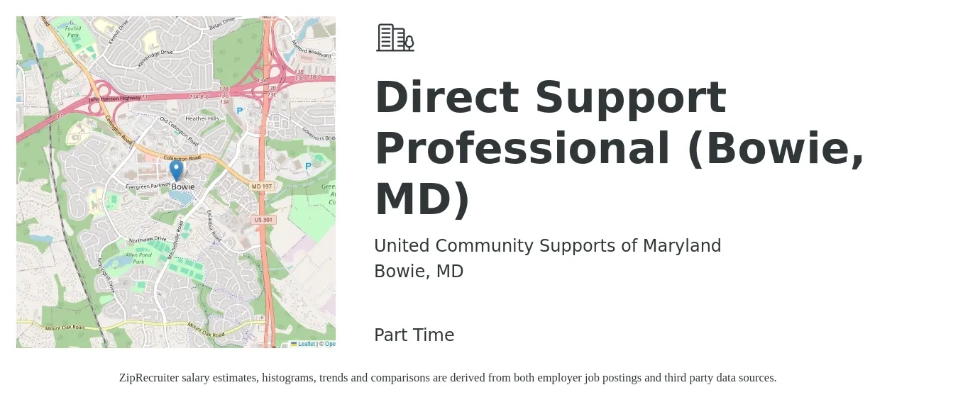 United Community Supports of Maryland job posting for a Direct Support Professional (Bowie, MD) in Bowie, MD with a salary of $16 Hourly with a map of Bowie location.