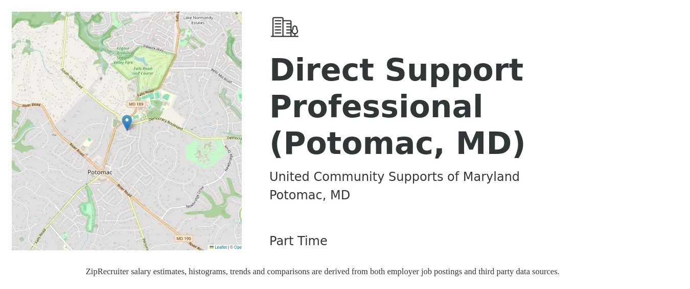 United Community Supports of Maryland job posting for a Direct Support Professional (Potomac, MD) in Potomac, MD with a salary of $16 Hourly with a map of Potomac location.