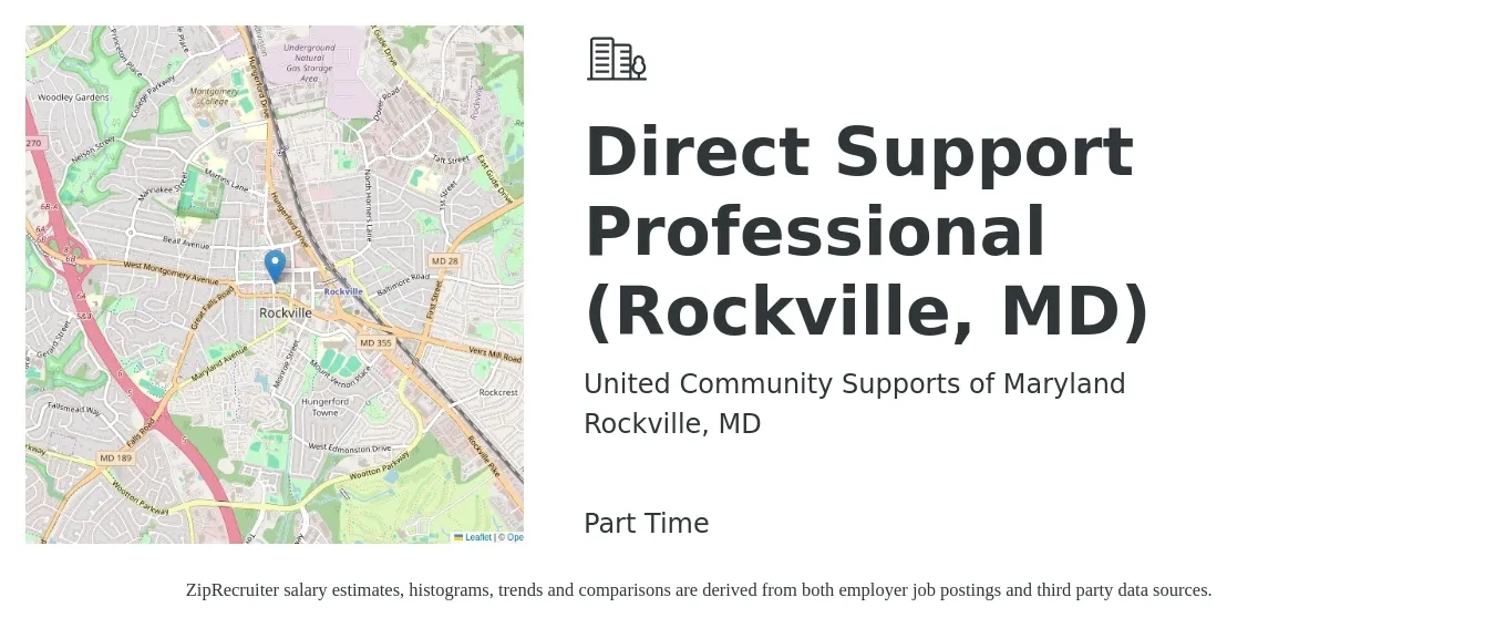United Community Supports of Maryland job posting for a Direct Support Professional (Rockville, MD) in Rockville, MD with a salary of $16 Hourly with a map of Rockville location.