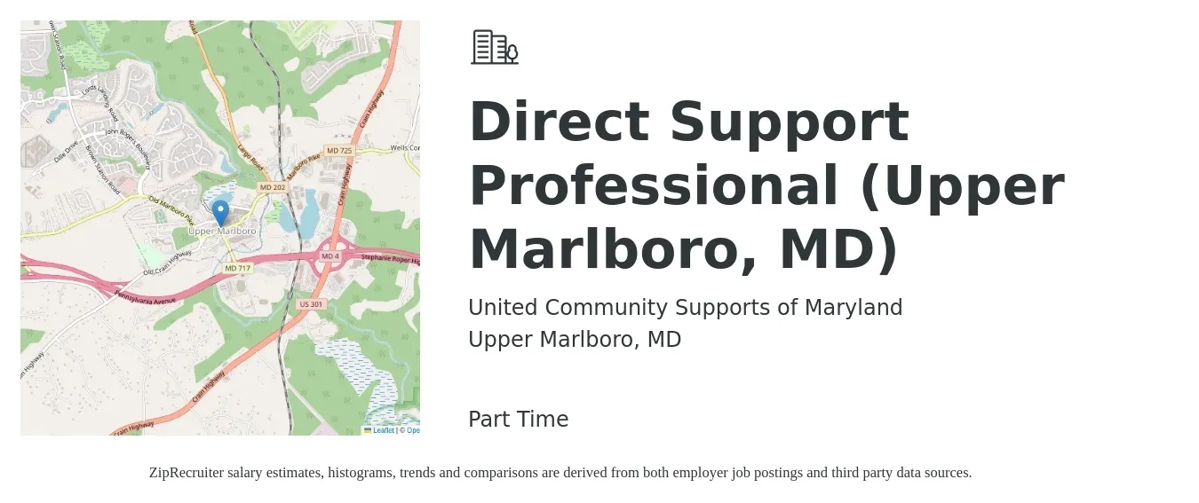 United Community Supports of Maryland job posting for a Direct Support Professional (Upper Marlboro, MD) in Upper Marlboro, MD with a salary of $16 Hourly with a map of Upper Marlboro location.