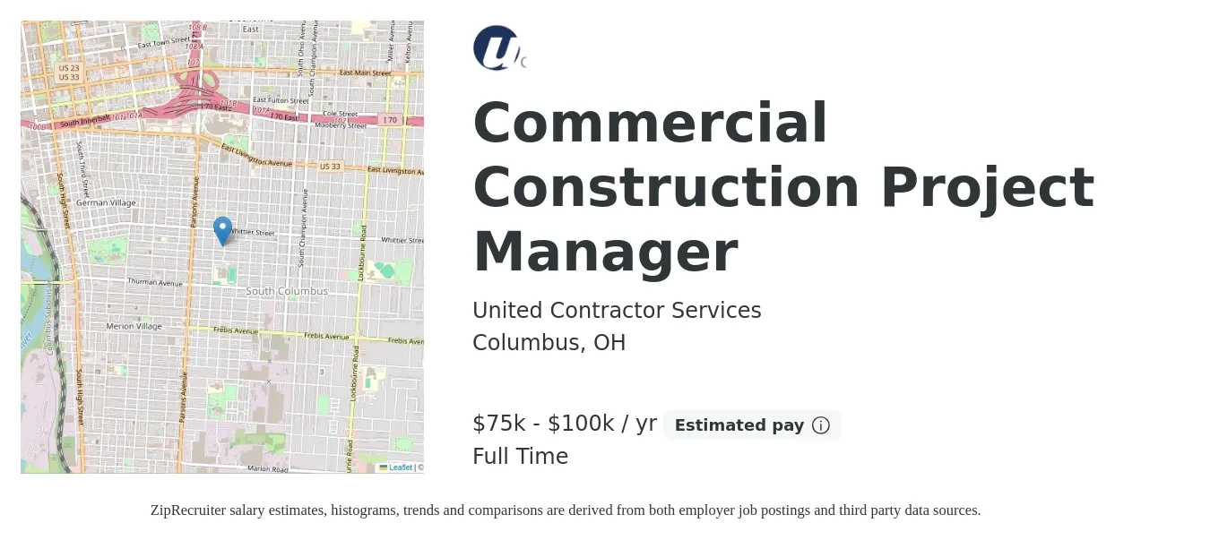 United Contractor Services job posting for a Commercial Construction Project Manager in Columbus, OH with a salary of $75,000 to $100,000 Yearly with a map of Columbus location.