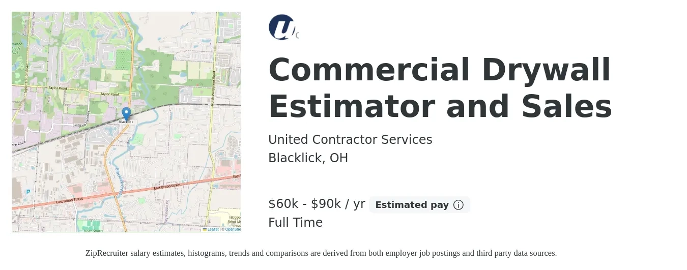 United Contractor Services job posting for a Commercial Drywall Estimator and Sales in Blacklick, OH with a salary of $60,000 to $90,000 Yearly with a map of Blacklick location.