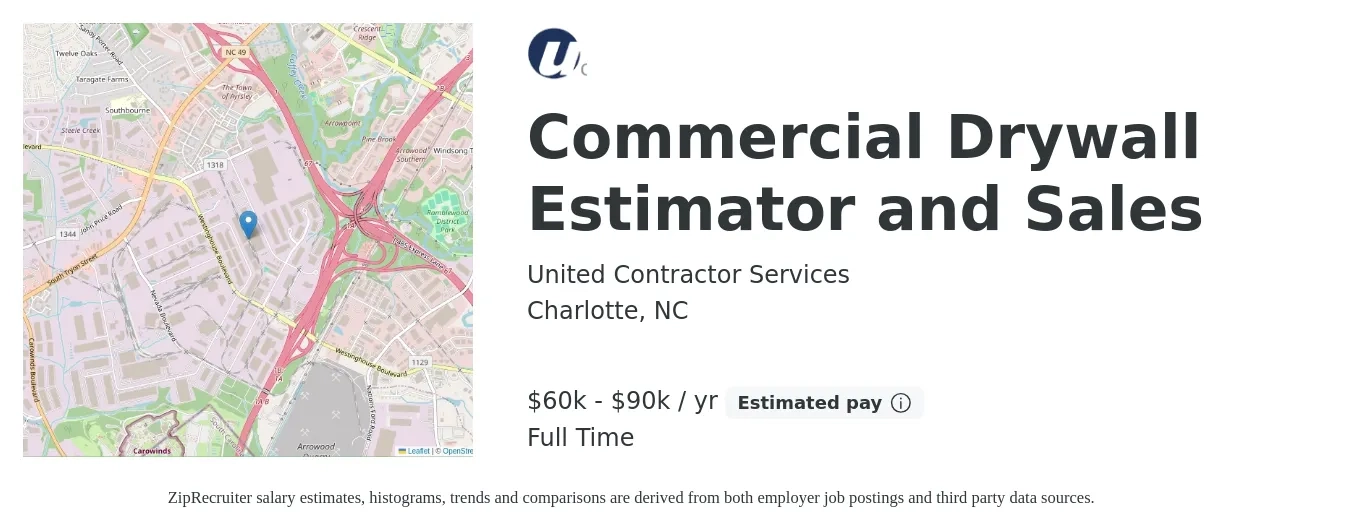 United Contractor Services job posting for a Commercial Drywall Estimator and Sales in Charlotte, NC with a salary of $60,000 to $90,000 Yearly with a map of Charlotte location.