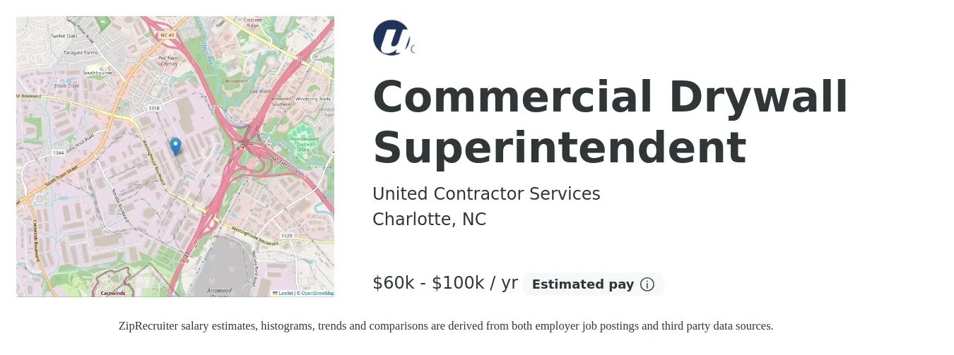 United Contractor Services job posting for a Commercial Drywall Superintendent in Charlotte, NC with a salary of $60,000 to $100,000 Yearly with a map of Charlotte location.