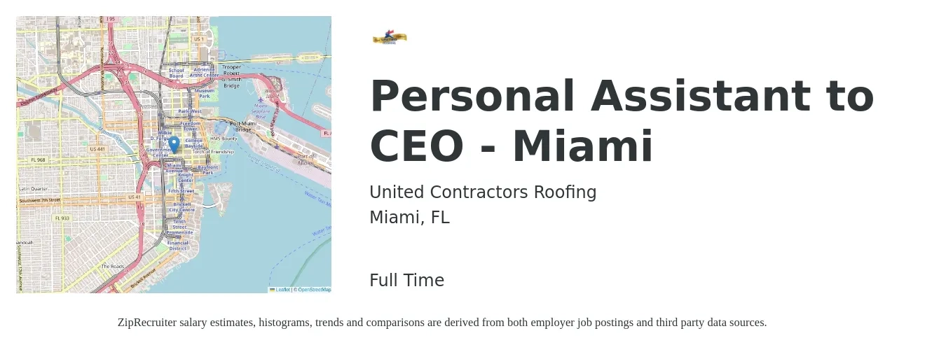 United Contractors Roofing job posting for a Personal Assistant to CEO - Miami in Miami, FL with a salary of $41,000 to $44,000 Yearly with a map of Miami location.