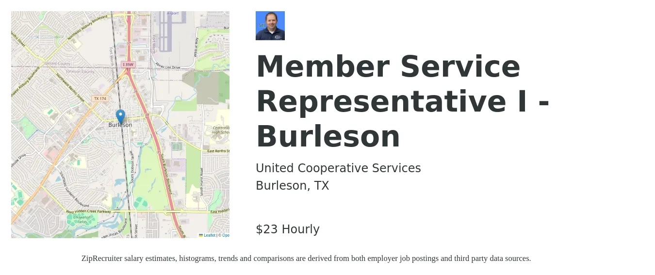 United Cooperative Services job posting for a Member Service Representative I - Burleson in Burleson, TX with a salary of $24 Hourly with a map of Burleson location.