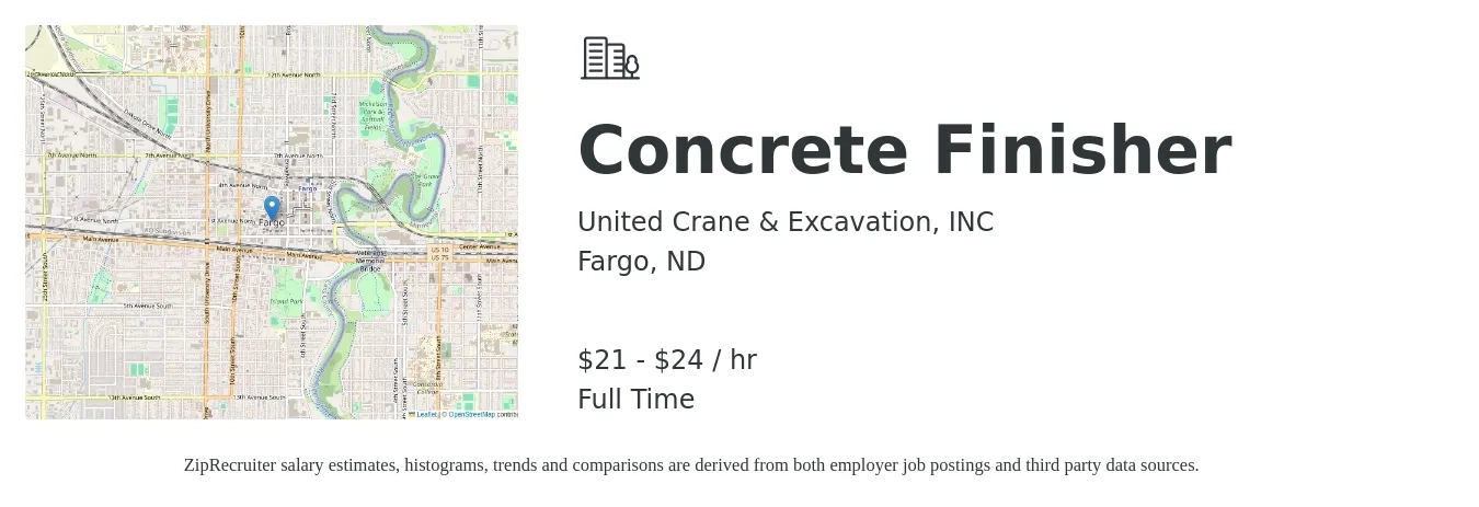 United Crane & Excavation, INC job posting for a Concrete Finisher in Fargo, ND with a salary of $22 to $25 Hourly with a map of Fargo location.