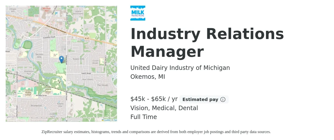 United Dairy Industry of Michigan job posting for a Industry Relations Manager in Okemos, MI with a salary of $45,000 to $65,000 Yearly and benefits including medical, retirement, vision, and dental with a map of Okemos location.