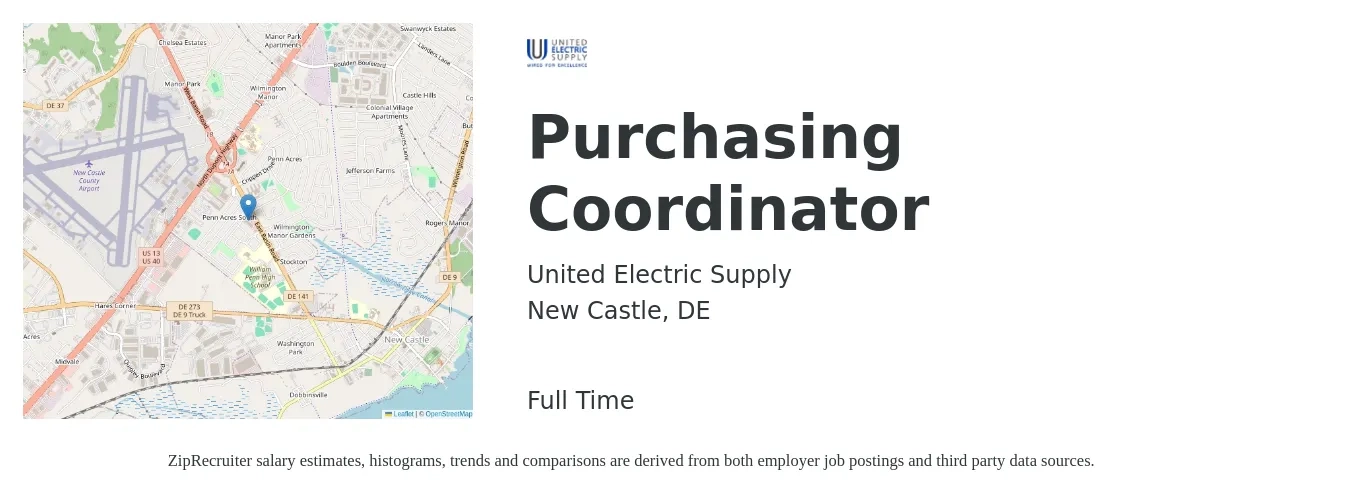 United Electric Supply job posting for a Purchasing Coordinator in New Castle, DE with a salary of $20 to $27 Hourly with a map of New Castle location.