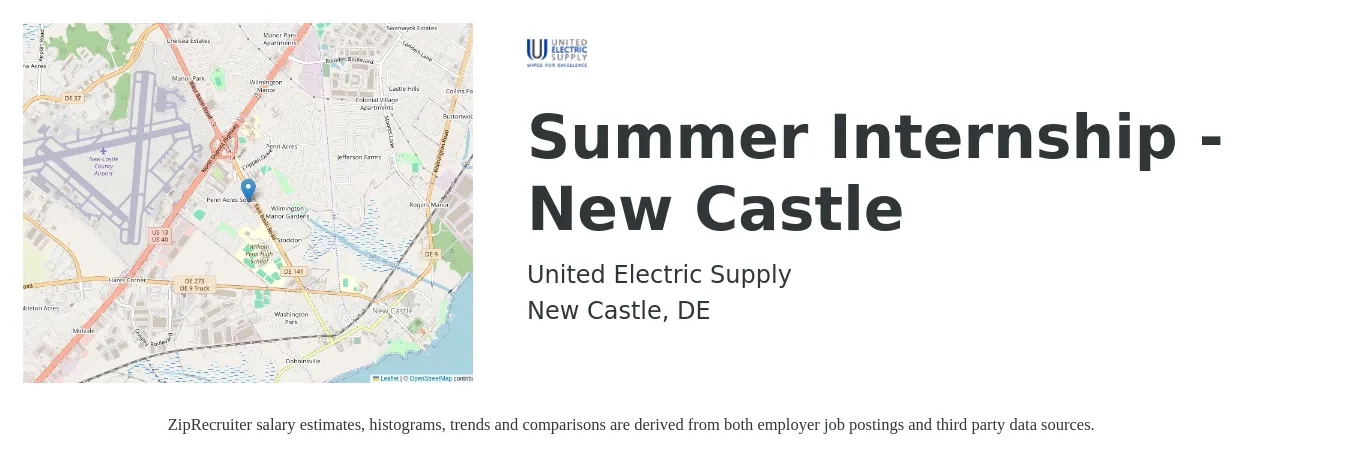United Electric Supply job posting for a Summer Internship - New Castle in New Castle, DE with a salary of $14 to $18 Hourly with a map of New Castle location.
