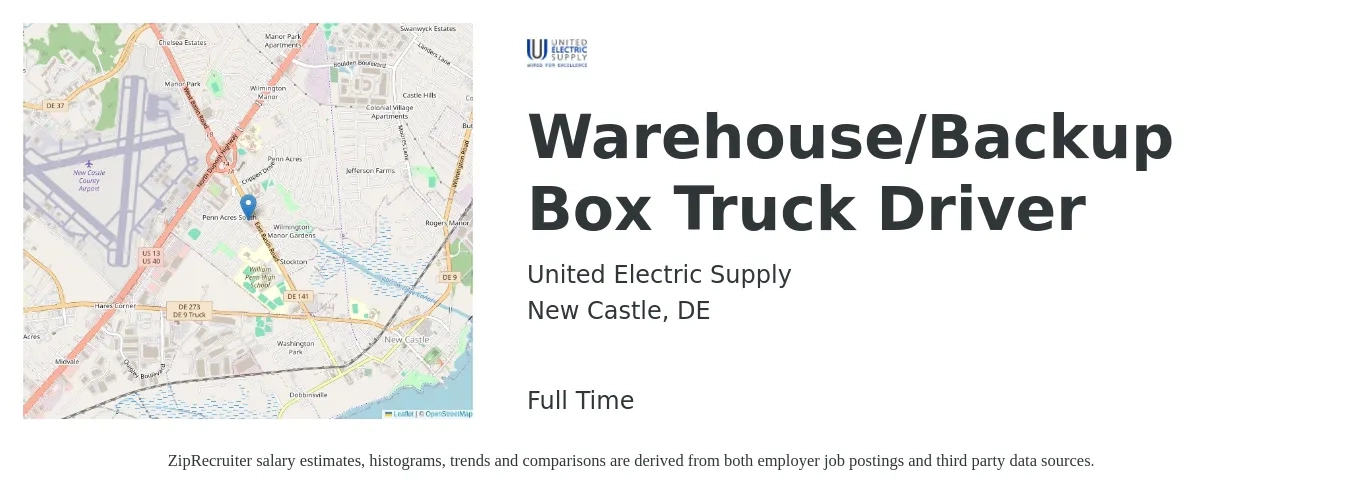 United Electric Supply job posting for a Warehouse/Backup Box Truck Driver in New Castle, DE with a salary of $16 to $20 Hourly with a map of New Castle location.