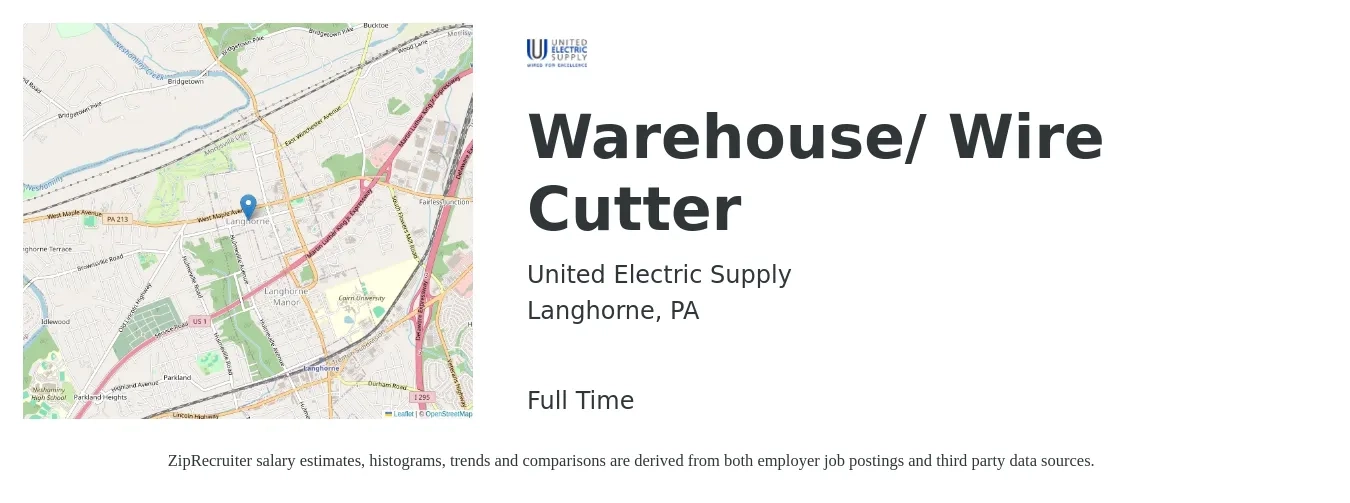 United Electric Supply job posting for a Warehouse/ Wire Cutter in Langhorne, PA with a salary of $15 to $18 Hourly with a map of Langhorne location.