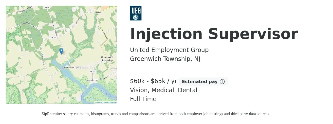 United Employment Group job posting for a Injection Supervisor in Greenwich Township, NJ with a salary of $60,000 to $65,000 Yearly and benefits including dental, life_insurance, medical, retirement, and vision with a map of Greenwich Township location.