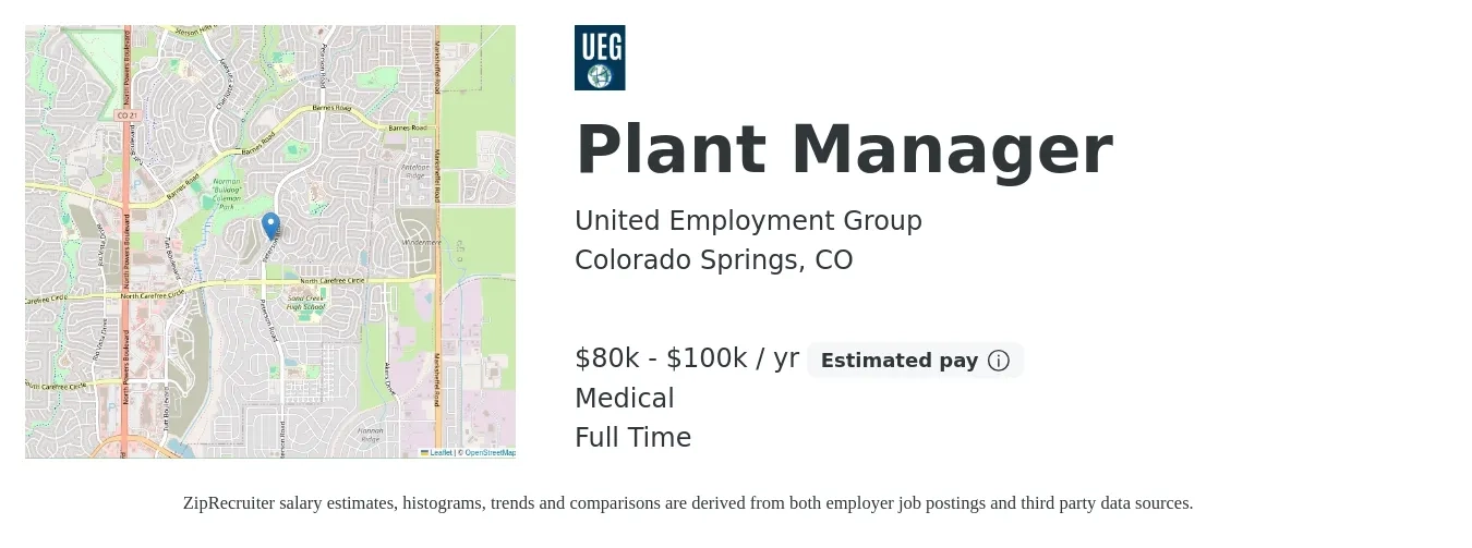 United Employment Group job posting for a Plant Manager in Colorado Springs, CO with a salary of $80,000 to $100,000 Yearly and benefits including medical, and retirement with a map of Colorado Springs location.