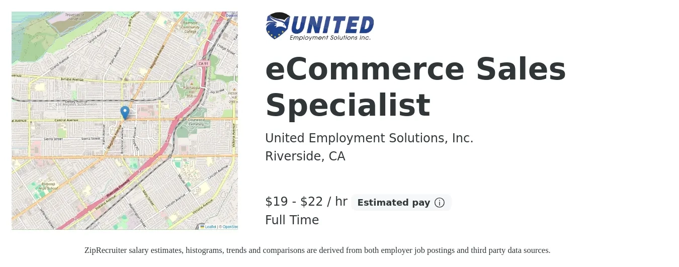 United Employment Solutions, Inc. job posting for a eCommerce Sales Specialist in Riverside, CA with a salary of $20 to $23 Hourly with a map of Riverside location.
