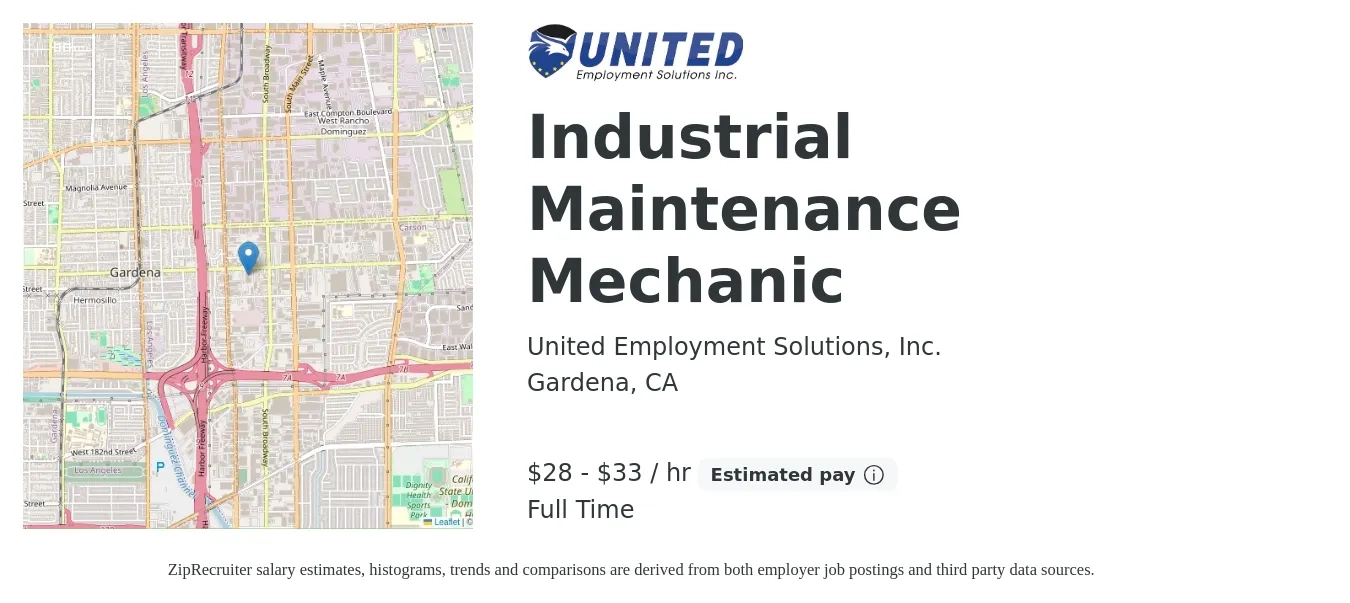United Employment Solutions, Inc. job posting for a Industrial Maintenance Mechanic in Gardena, CA with a salary of $30 to $35 Hourly with a map of Gardena location.