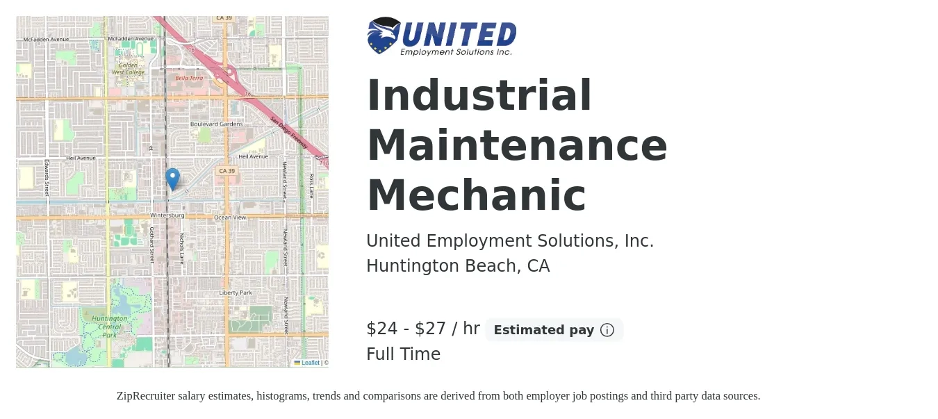 United Employment Solutions, Inc. job posting for a Industrial Maintenance Mechanic in Huntington Beach, CA with a salary of $25 to $29 Hourly with a map of Huntington Beach location.