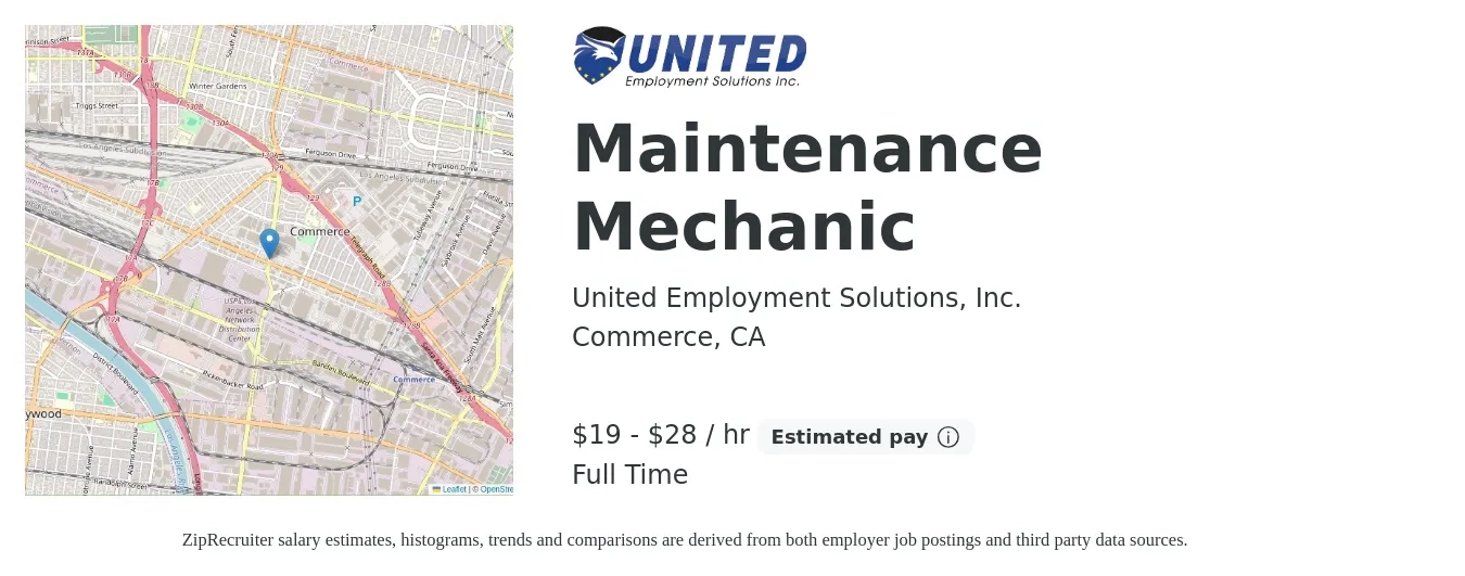 United Employment Solutions, Inc. job posting for a Maintenance Mechanic in Commerce, CA with a salary of $20 to $30 Hourly with a map of Commerce location.