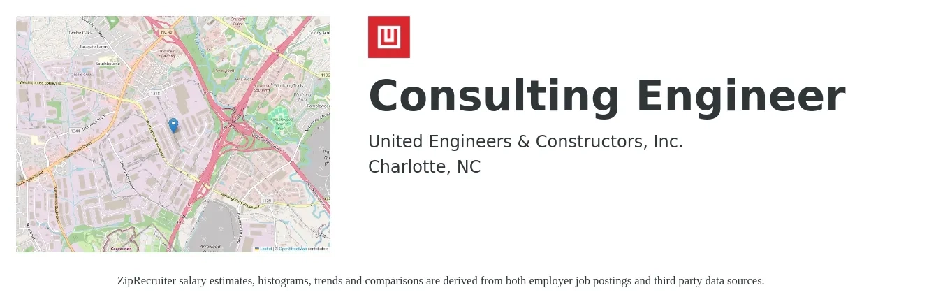 United Engineers & Constructors, Inc. job posting for a Consulting Engineer in Charlotte, NC with a salary of $29 to $54 Hourly with a map of Charlotte location.