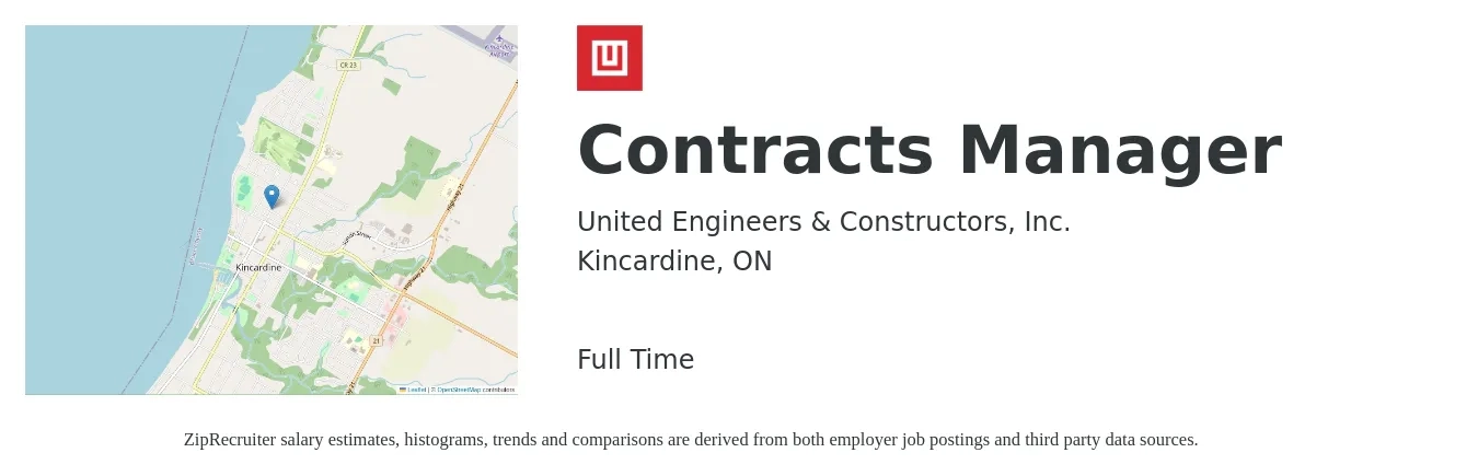 United Engineers & Constructors, Inc. job posting for a Contracts Manager in Kincardine, ON with a salary of $160,000 to $200,000 Yearly with a map of Kincardine location.