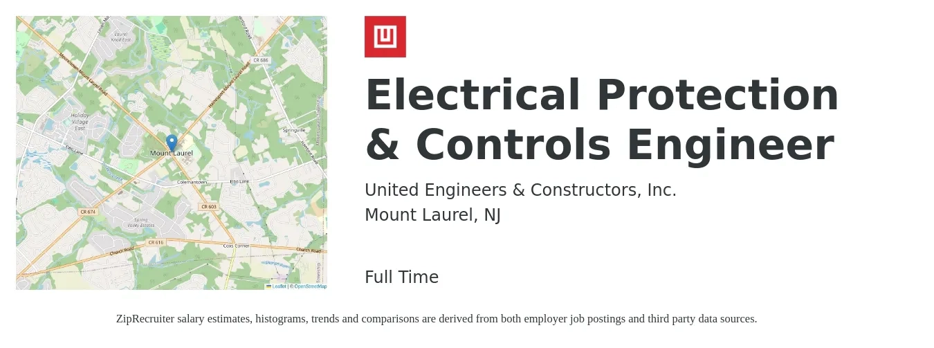 United Engineers & Constructors, Inc. job posting for a Electrical Protection & Controls Engineer in Mount Laurel, NJ with a salary of $79,200 to $106,000 Yearly with a map of Mount Laurel location.