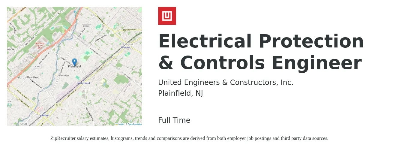 United Engineers & Constructors, Inc. job posting for a Electrical Protection & Controls Engineer in Plainfield, NJ with a salary of $82,100 to $109,900 Yearly with a map of Plainfield location.