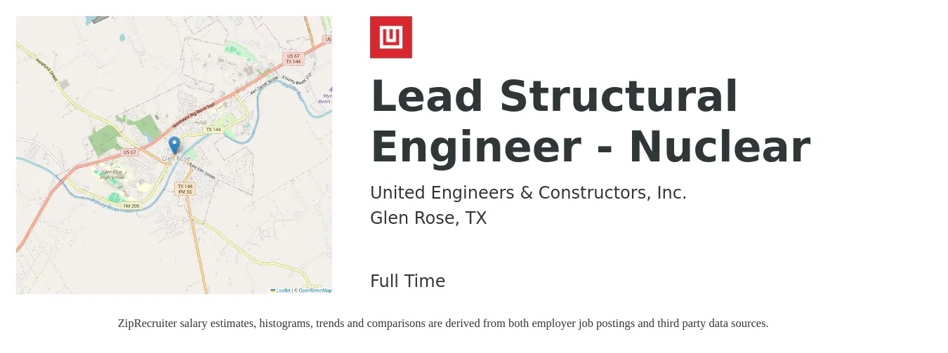 United Engineers & Constructors, Inc. job posting for a Lead Structural Engineer - Nuclear in Glen Rose, TX with a salary of $68,700 to $97,000 Yearly with a map of Glen Rose location.