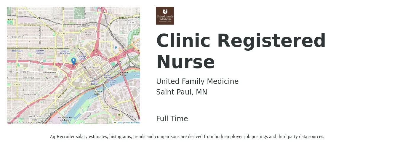 United Family Medicine job posting for a Clinic Registered Nurse in Saint Paul, MN with a salary of $37 to $60 Hourly with a map of Saint Paul location.