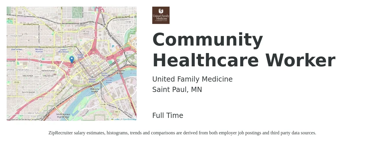 United Family Medicine job posting for a Community Healthcare Worker in Saint Paul, MN with a salary of $19 to $25 Hourly with a map of Saint Paul location.