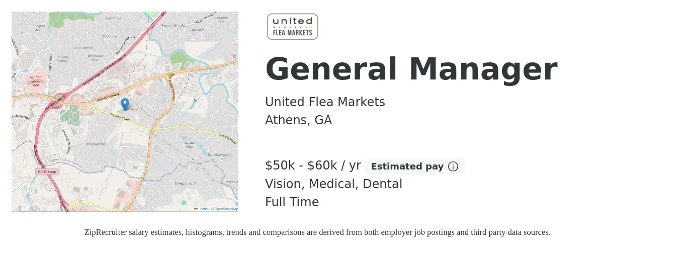 United Flea Markets job posting for a General Manager in Athens, GA with a salary of $50,000 to $60,000 Yearly and benefits including dental, life_insurance, medical, pto, retirement, and vision with a map of Athens location.