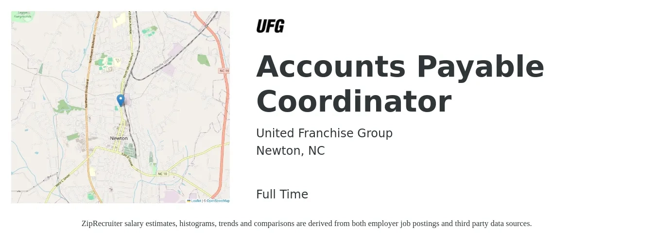 United Franchise Group job posting for a Accounts Payable Coordinator in Newton, NC with a salary of $19 to $25 Hourly with a map of Newton location.