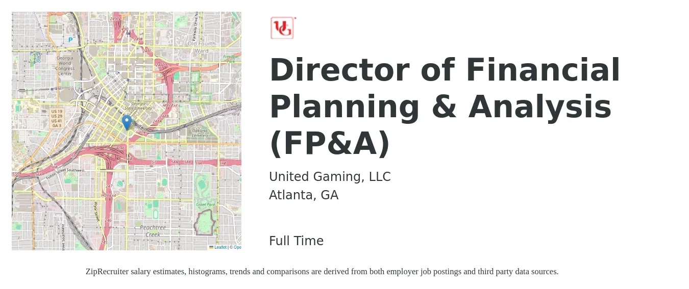 United Gaming, LLC job posting for a Director of Financial Planning & Analysis (FP&A) in Atlanta, GA with a salary of $118,000 to $155,100 Yearly with a map of Atlanta location.