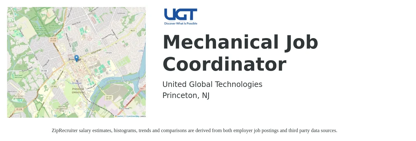 United Global Technologies job posting for a Mechanical Job Coordinator in Princeton, NJ with a salary of $23 to $29 Hourly with a map of Princeton location.