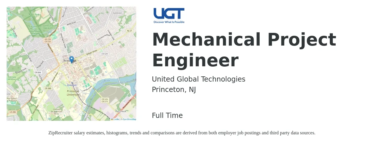 United Global Technologies job posting for a Mechanical Project Engineer in Princeton, NJ with a salary of $81,400 to $111,000 Yearly with a map of Princeton location.