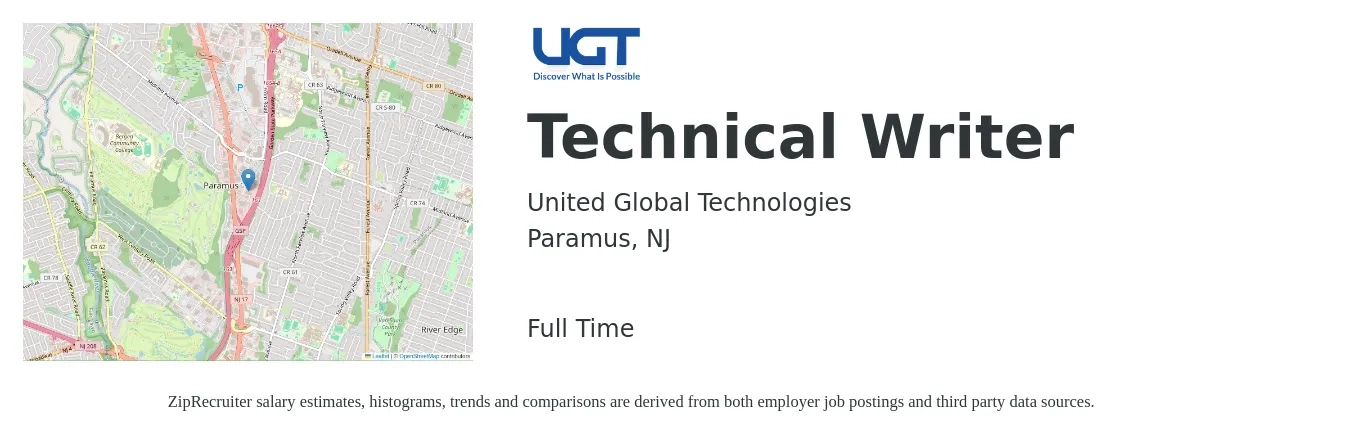 United Global Technologies job posting for a Technical Writer in Paramus, NJ with a salary of $30 to $50 Hourly with a map of Paramus location.