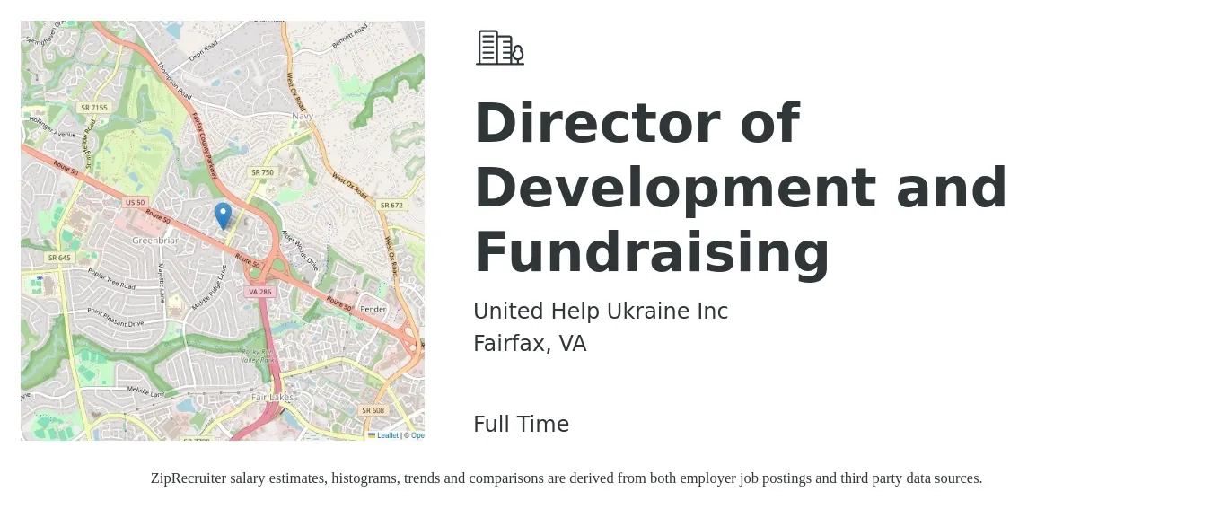 United Help Ukraine Inc job posting for a Director of Development and Fundraising in Fairfax, VA with a salary of $71,700 to $111,100 Yearly with a map of Fairfax location.