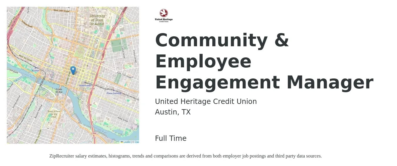 United Heritage Credit Union job posting for a Community & Employee Engagement Manager in Austin, TX with a salary of $51,500 to $85,200 Yearly with a map of Austin location.