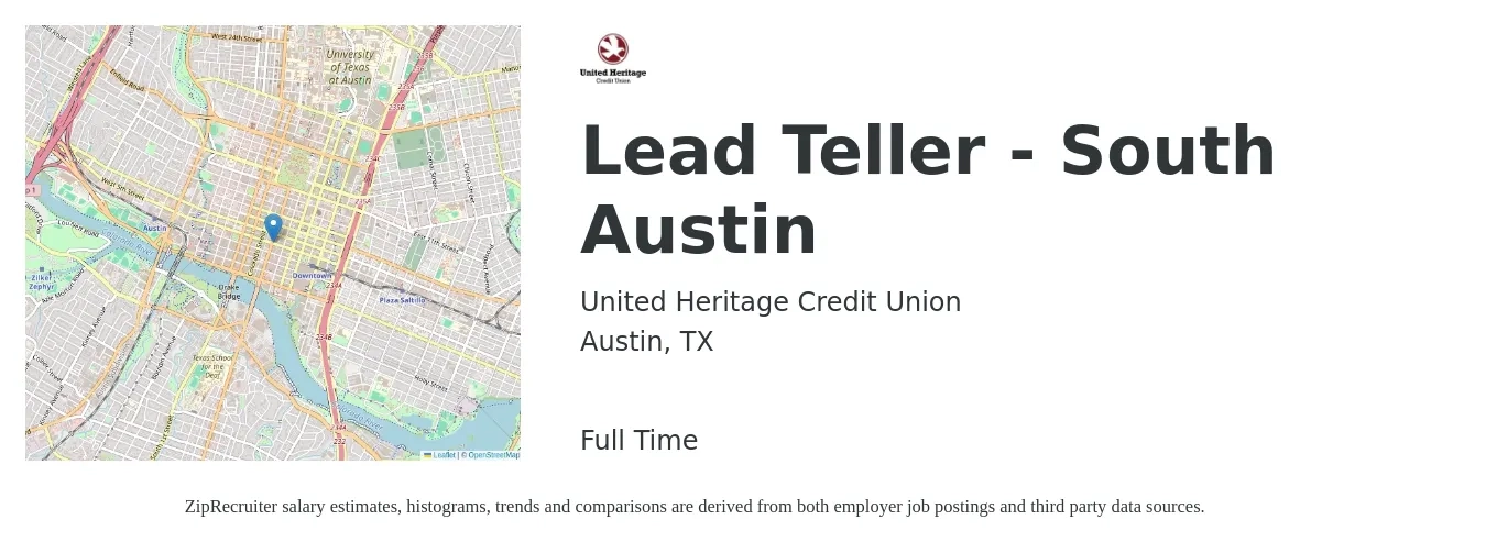 United Heritage Credit Union job posting for a Lead Teller - South Austin in Austin, TX with a salary of $20 to $26 Hourly with a map of Austin location.
