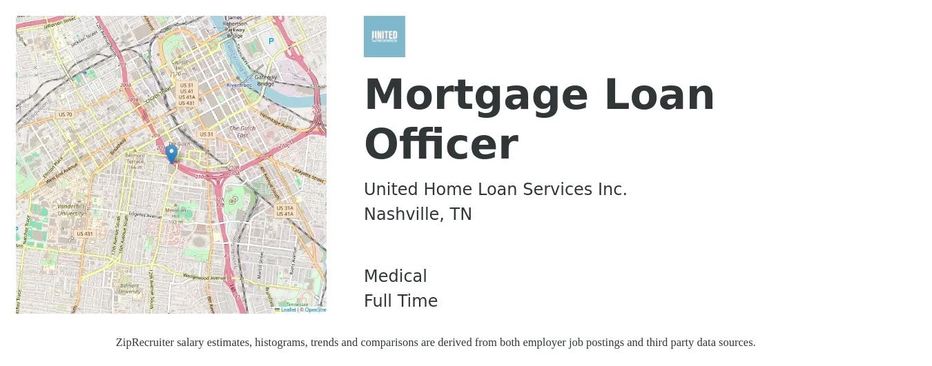 United Home Loan Services Inc. job posting for a Mortgage Loan Officer in Nashville, TN with a salary of $50,200 to $96,600 Yearly and benefits including medical with a map of Nashville location.