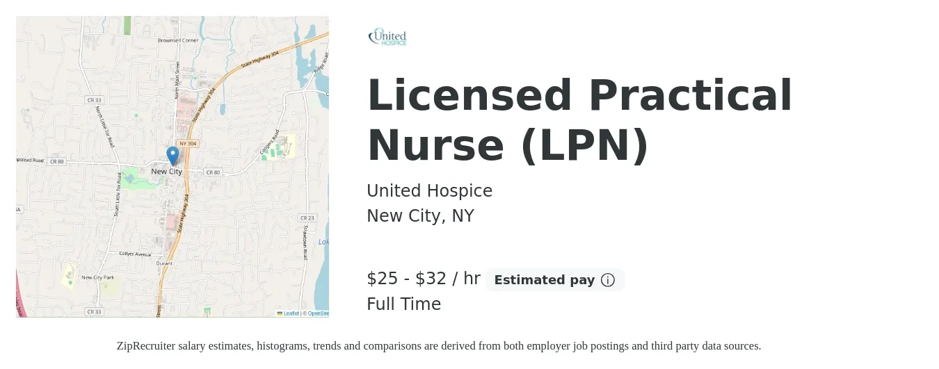 United Hospice job posting for a Licensed Practical Nurse (LPN) in New City, NY with a salary of $26 to $34 Hourly with a map of New City location.