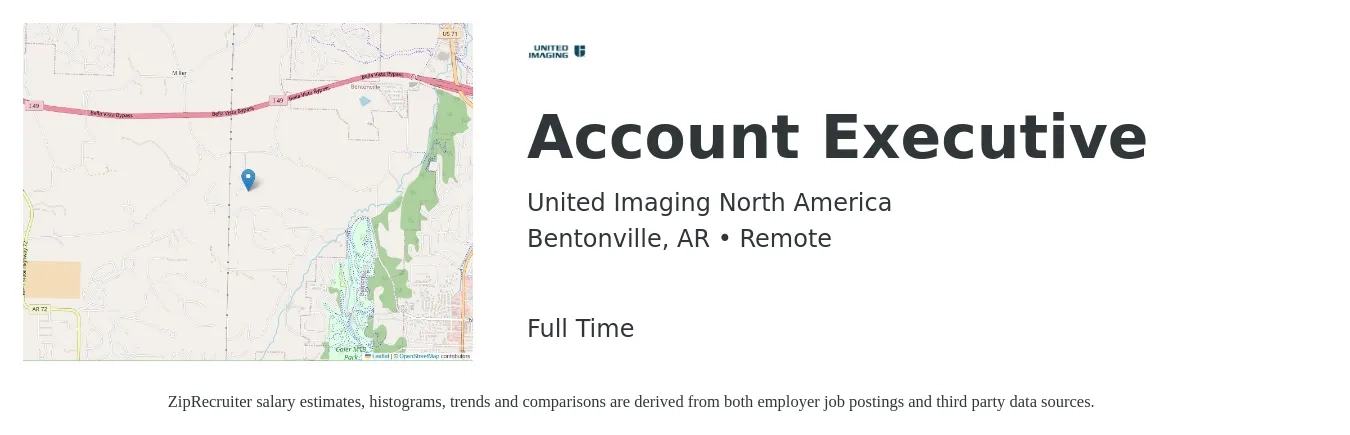 United Imaging North America job posting for a Account Executive in Bentonville, AR with a salary of $47,300 to $83,300 Yearly with a map of Bentonville location.