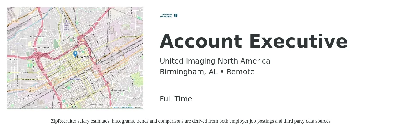United Imaging North America job posting for a Account Executive in Birmingham, AL with a salary of $50,600 to $89,000 Yearly with a map of Birmingham location.