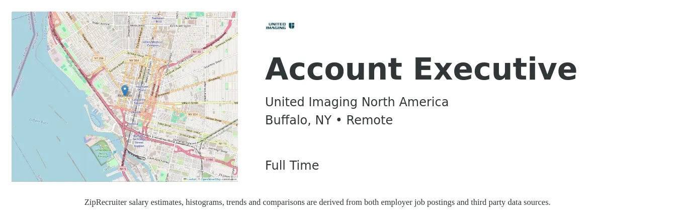 United Imaging North America job posting for a Account Executive in Buffalo, NY with a salary of $52,300 to $92,000 Yearly with a map of Buffalo location.