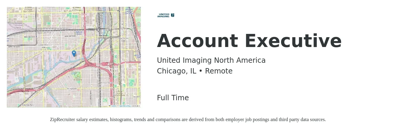 United Imaging North America job posting for a Account Executive in Chicago, IL with a salary of $55,600 to $97,900 Yearly with a map of Chicago location.