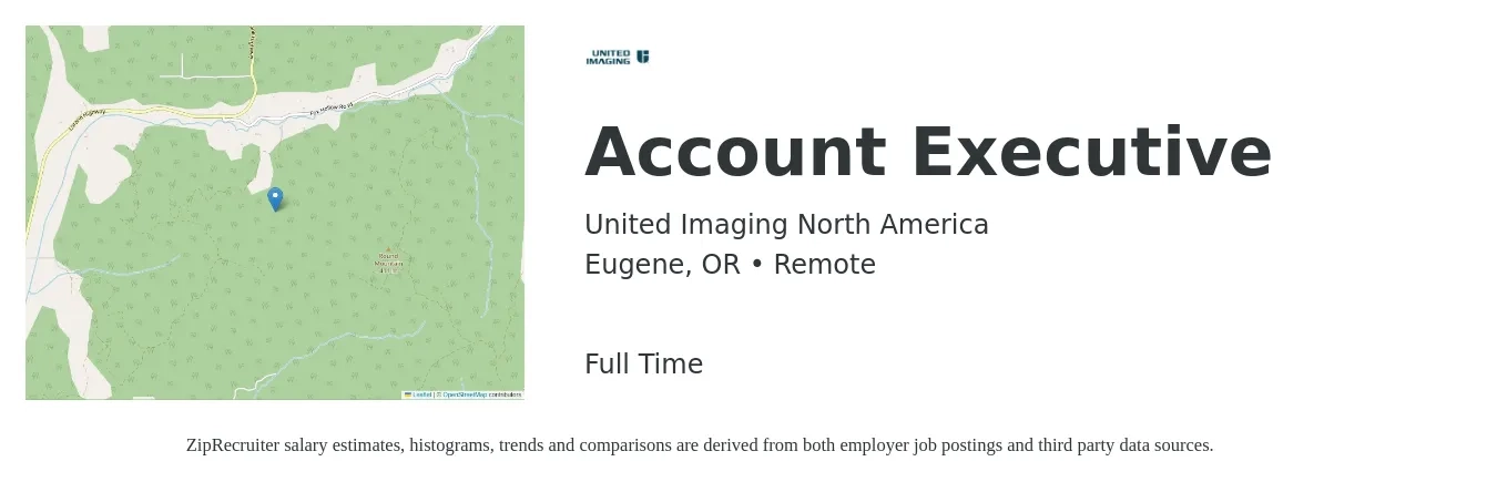 United Imaging North America job posting for a Account Executive in Eugene, OR with a salary of $54,200 to $95,400 Yearly with a map of Eugene location.