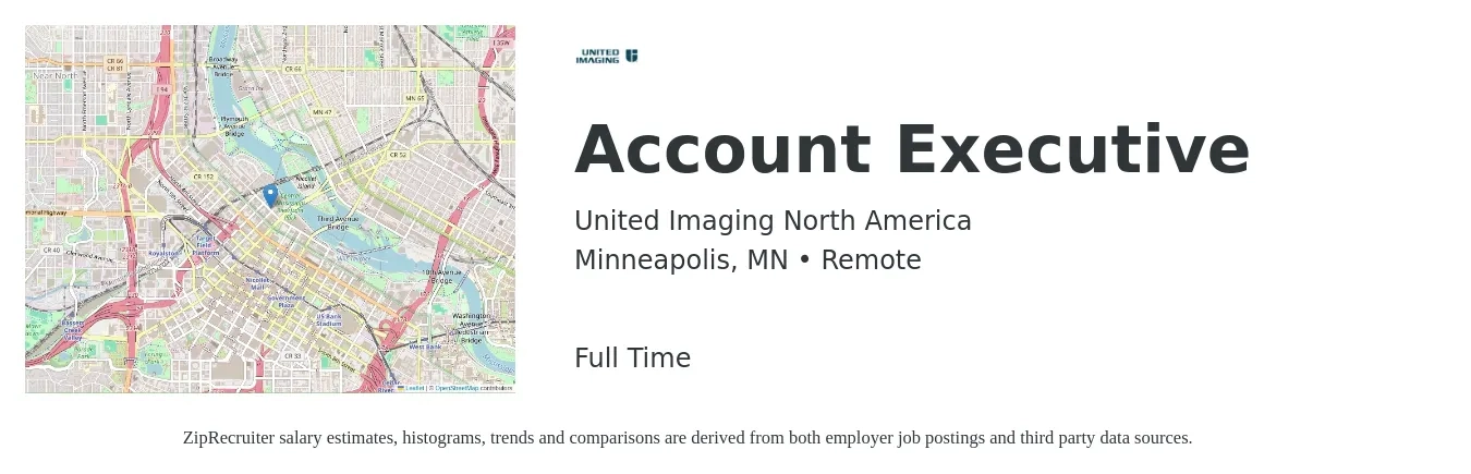 United Imaging North America job posting for a Account Executive in Minneapolis, MN with a salary of $56,400 to $99,200 Yearly with a map of Minneapolis location.