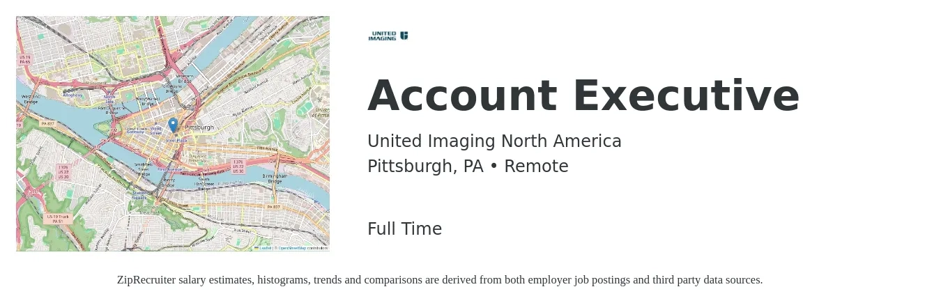 United Imaging North America job posting for a Account Executive in Pittsburgh, PA with a salary of $52,400 to $92,200 Yearly with a map of Pittsburgh location.