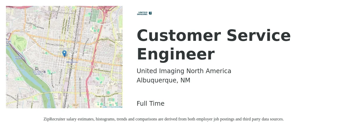 United Imaging North America job posting for a Customer Service Engineer in Albuquerque, NM with a salary of $67,900 to $87,200 Yearly with a map of Albuquerque location.