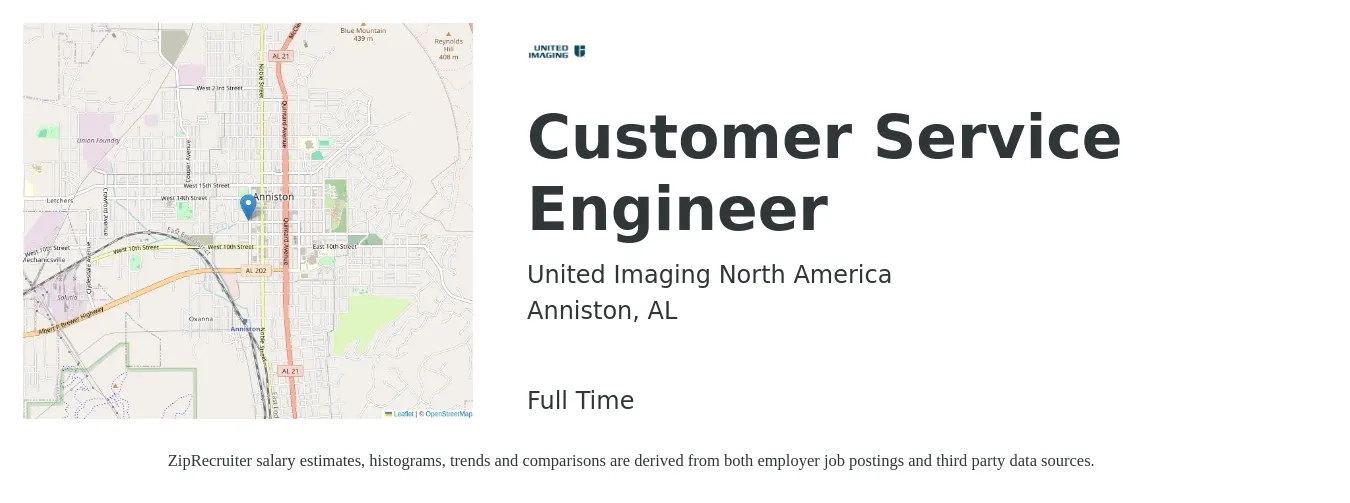 United Imaging North America job posting for a Customer Service Engineer in Anniston, AL with a salary of $61,900 to $79,600 Yearly with a map of Anniston location.